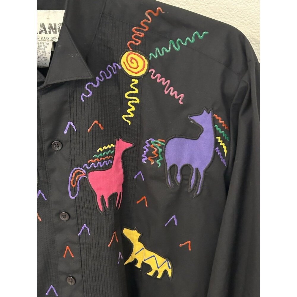 1980s Tarango Appliqué Black Shirt Southwestern Cactus Animals Button Up Sz M - Picture 2 of 16